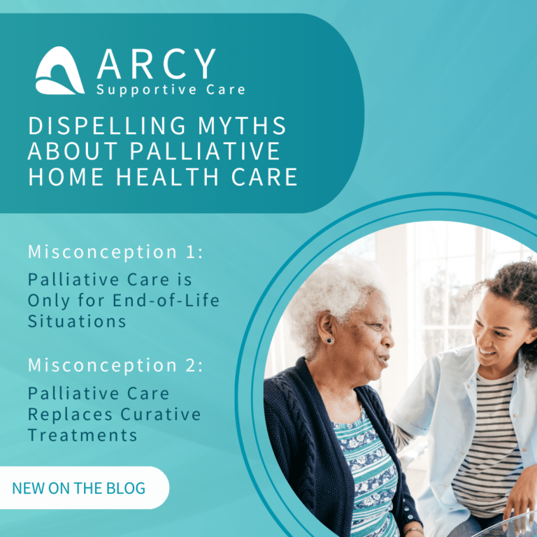 Arcy Supportive Care infographic dispelling myths about palliative home health care. Highlights include misconceptions that palliative care is only for end-of-life situations and that it replaces curative treatments.